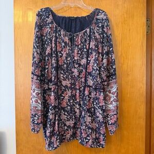 Lucky Brand Navy Floral Peasant Blouse with Dusty Rose Accents Size 2X